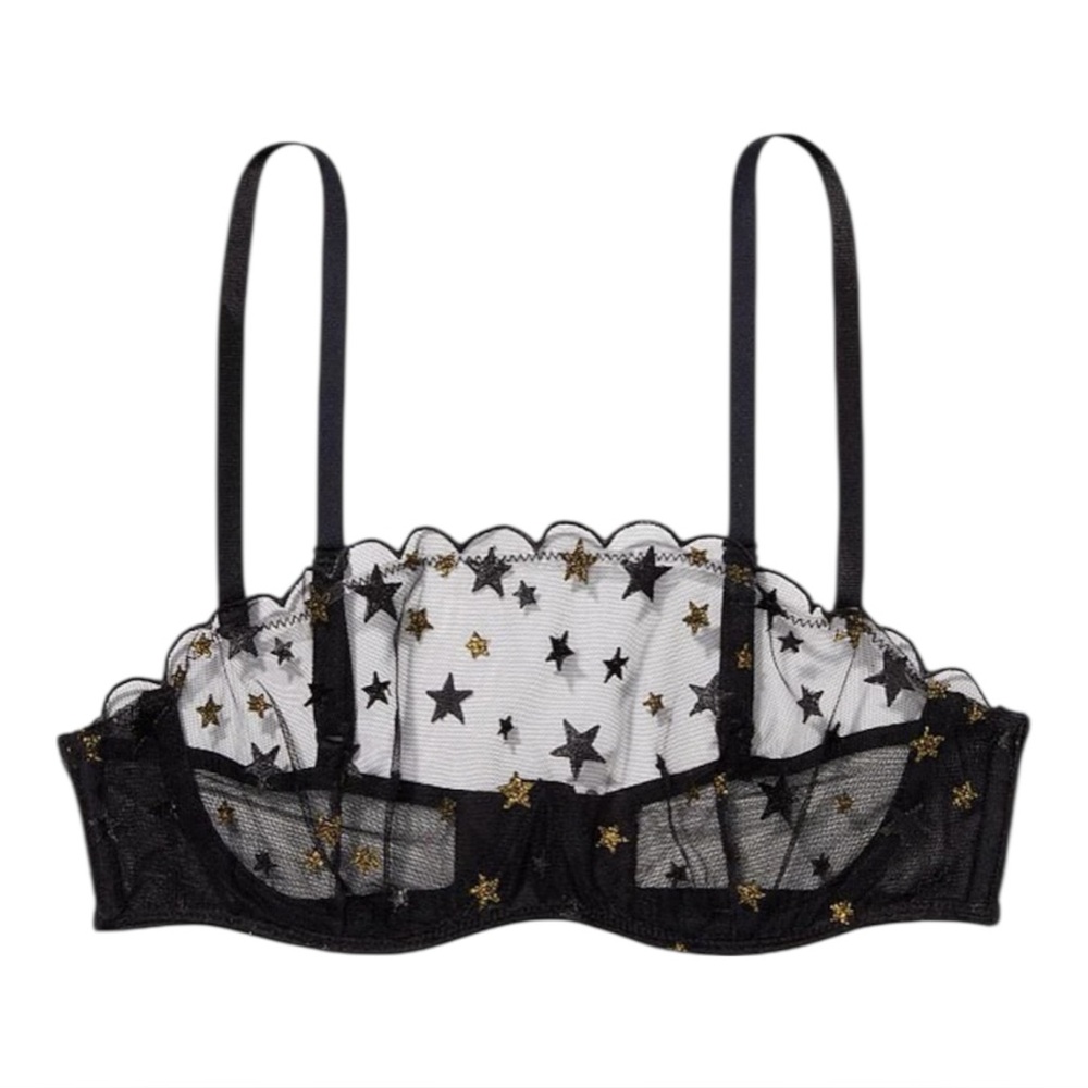 Victorias Secret‎ Black Mesh Star Bra Unlined Bralette Metallic Lingerie 38C NEW